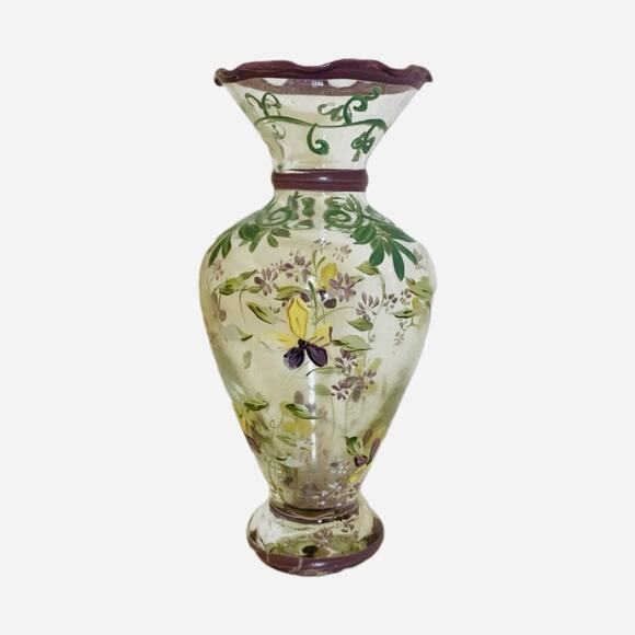 Tracy Porter Hand-Painted Bud Vase Purple Yellow Flowers Ruffled Edge 6.5” Glass - Picture 6 of 8